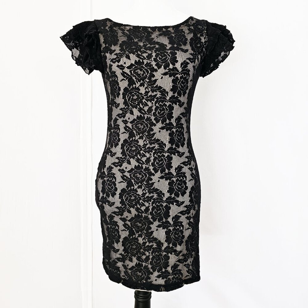 Steve Madden Black Flora Lace Over White Bodycon Mini Dress